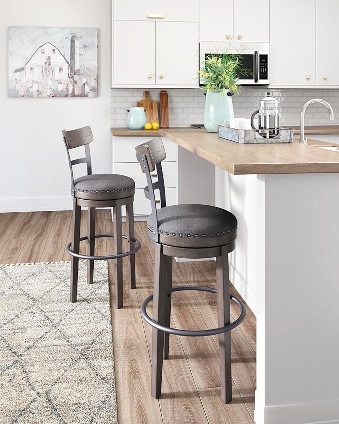 Signature Design by Ashley Caitbrook 30" Farmhouse Bar Height Upholstered Swivel Barstool, Gray