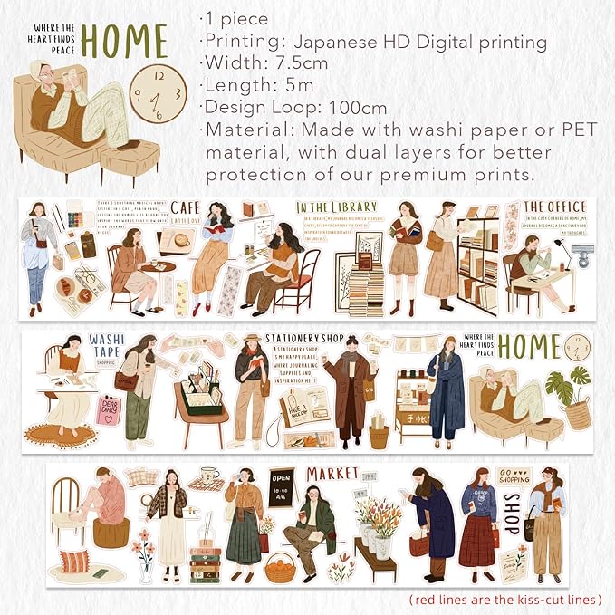 WT Pre-Cut Planner's Day 1 Washi Tape, Single Roll, Original Designs, Decorative Masking Tape for Journals, Planners, Scrapbooking, DIY Paper Projects