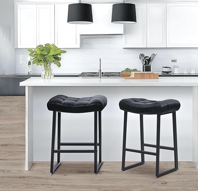 Black Modern Bar Stools Set of 4 for Kitchen Counter 24 inch Counter Height Backless Barstools with Upholstered Faux Leather Saddle Seat and Metal Frame Industrial Bar Chairs
