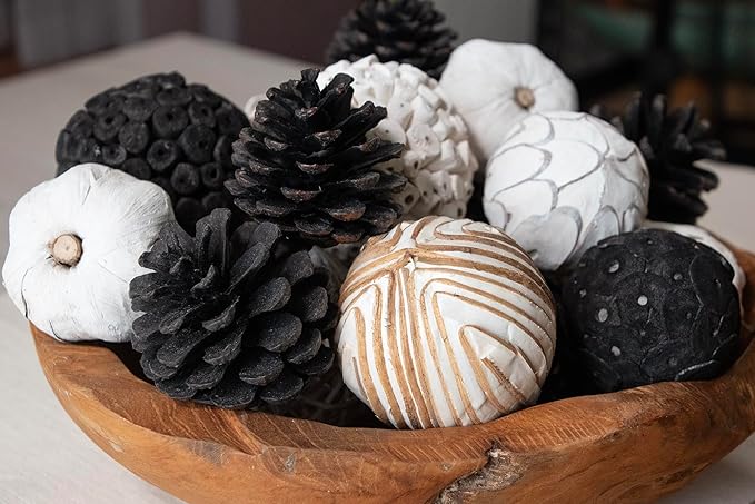 Natural Tones Vase & Bowl Mini Pumpkins Pinecone Fillers Decorative Balls | Home Decor (Black & White)