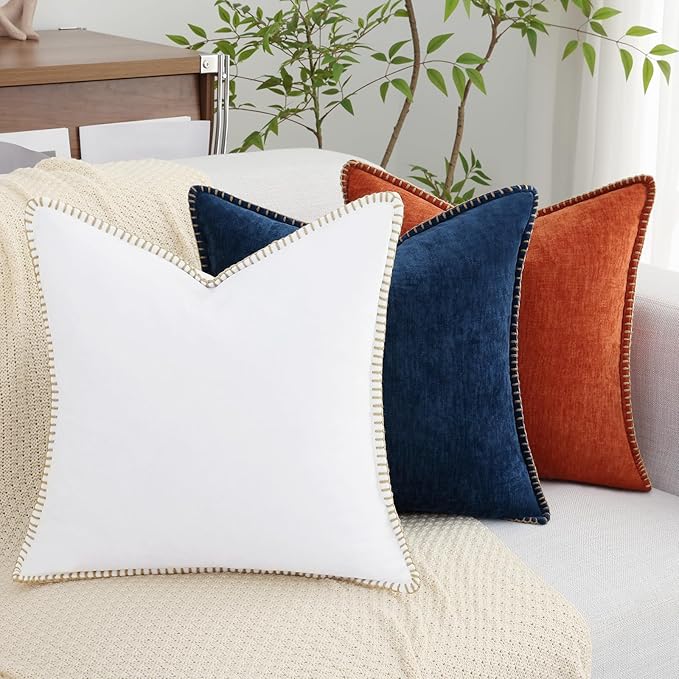 decorUhome Chenille Soft Throw Pillow Covers 24x24 Set of 2, Farmhouse Velvet Neutral Decorative Euro Pillow Covers with Stitched Edge for Couch Sofa Bed Home Decor, White