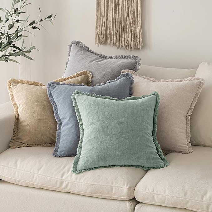 MIULEE Decorative Throw Pillow Covers Neutral Linen Fringe Throw Pillows Euro Shams Set of 2 Light Blue Boho Farmhouse Cushion Covers for Couch Sofa Bed Living Room Spring Home Decor 24x24 Inch