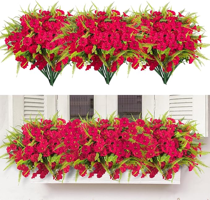 Artificial Flowers Outdoors 12 Bundles Artificial Petunias Fake Flowers UV Resistant Shrubs Plants with Fern for Indoor Outside Hanging Planters Home Garden Summer Decorations(Rose Red)