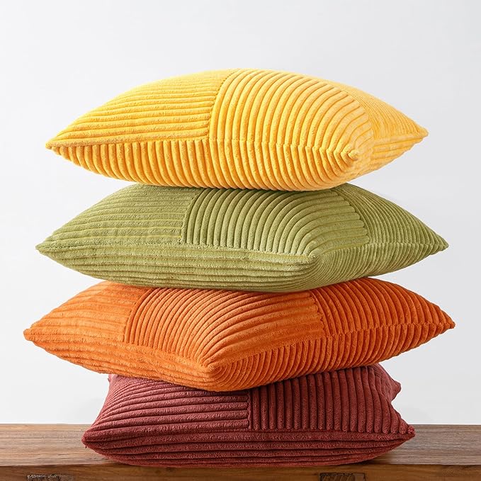 MIULEE Yellow Orange Rust Throw Pillow Covers 20x20 Inch 4 Packs Boho Farmhouse Decorative Color-Clash Pillow Cases Soft Cushion Cases for Couch Sofa Bed Corduroy Striped Fall Home Decor