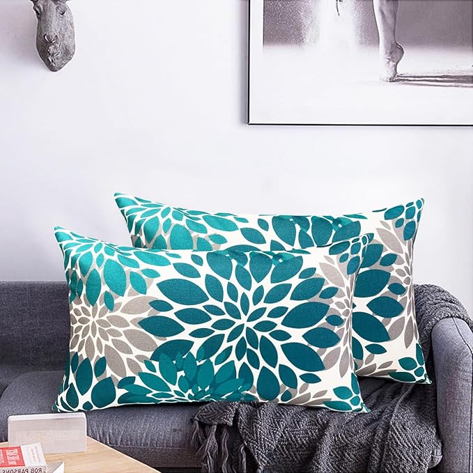 Decorative Throw Pillow Covers Set of 2 Teal Blue Pillow Covers 12x20 Inch Couch Pillow Covers for Sofa Living Room Outdoor Throw Pillow Cover Linen Floral Flower Farmhouse Pillowcase