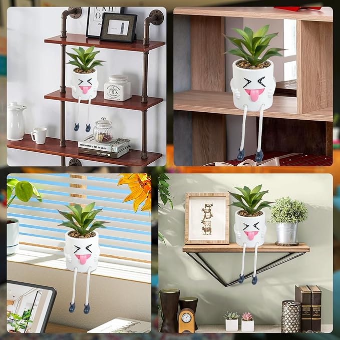Fake Plant Mini Potted Succulents with Hanging Leg White Cute Pot Creative Artificial Succulent Plants in Funny Pot Faux Succulents for Home Office Shelf Desk Decor and Gift Choice