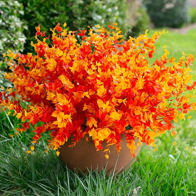 Artificial Fake Fall Autumn Eucalyptus Plants Flowers for Outdoor Outside Decoration, Faux Silk Orange Boxwood Look Real UV Resistant for Home Porch Patio Planter Decor,12 Bundles