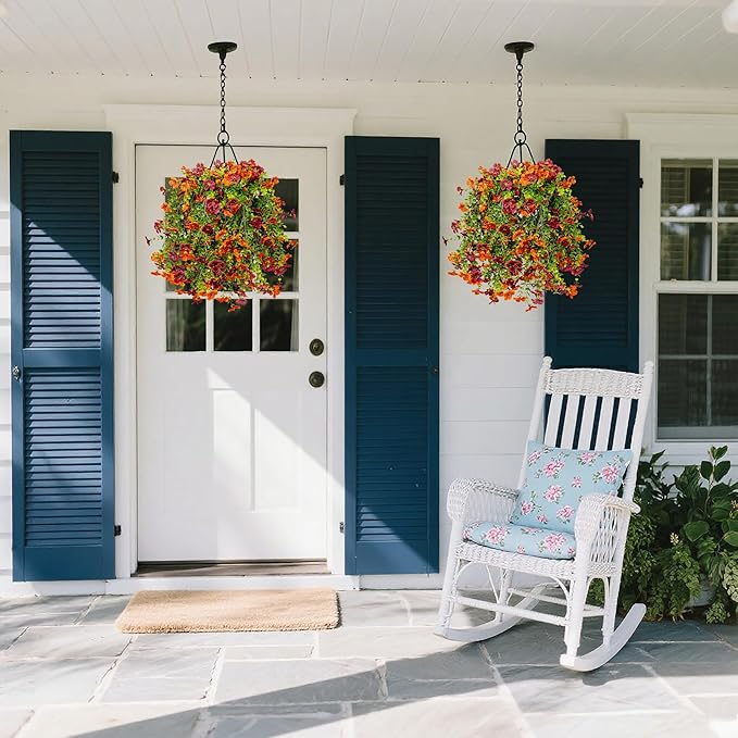 Artificial Flowers for Outdoors Decoration, 2 Pcs Outdoor Faux Plants Daisy with Eucalyptus Leaves Fall UV Resistant Fake Flowers Hanging Planters for Front Porch Patio Yard Door Garden Home Decor