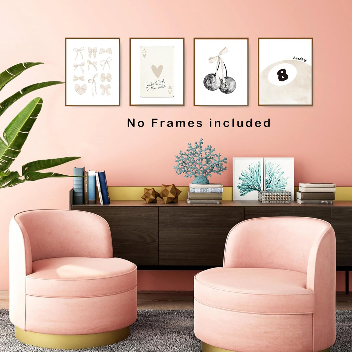 okaxscm Beige Coquette Trendy Preppy Wall Art Prints Set of 4, Coquette Room Decor, Preppy Room Decor Aesthetic, Beige Bow Disco 8 Ball Cherry Wall Decor Posters for Girls Bedroom Dorm, 8x10 Unframed