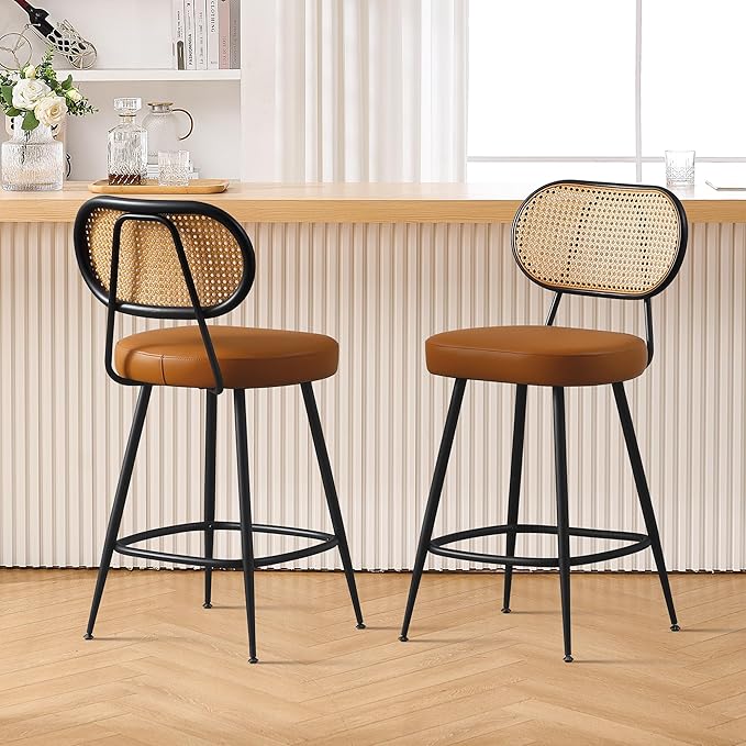 BFZ Counter Height Bar Stools Set of 2, 26" Seat Height Barstools with Rattan Back and Metal Legs, Upholstered Faux Leather Bar Chairs for Kitchen Island, Home Bar, Brown