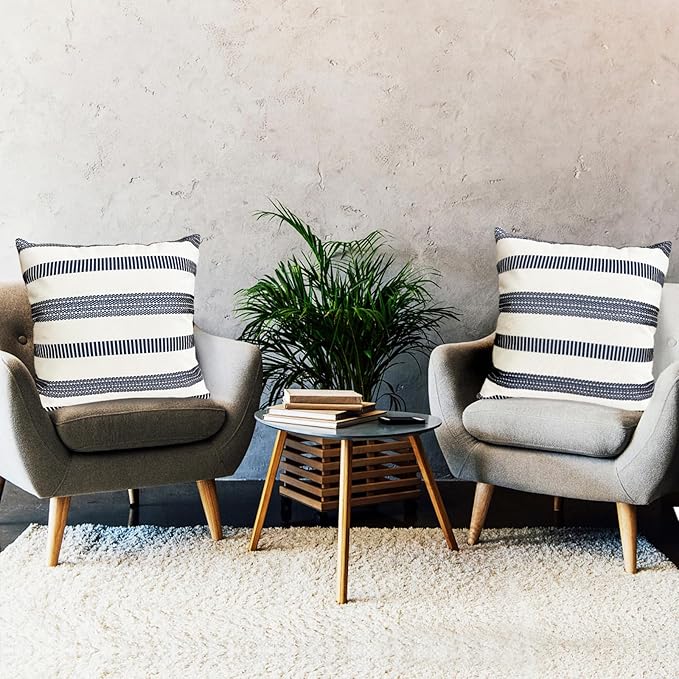 Decorative Throw Pillow Covers Set of 2 Blue Boho Striped Pillow Covers 20x20 Inch Throw Pillow Cover Linen Pillowcase Farmhouse Outdoor Pillow Covers for Couch Sofa Bed Living Room