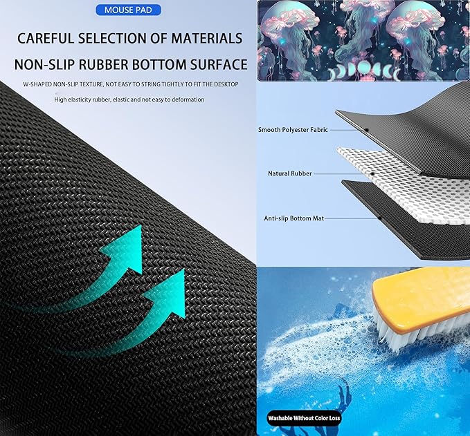 DCJJM Anime Desk Mat Jellyfish Neon Blue XL Mouse Pad Gaming Ocean Moon Computer Keyboard Pad 80 x 30cm Women Desk Protector with Stitched Edges