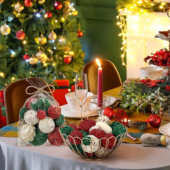 Riceshoot 2 Pack Decorative Balls Potpourri Bowl Filler Decor Natural Vase Bowl Filler Assorted Spherical Rattan Twigs Wicker Balls Cotton for Home Centerpiece(Red, Green, White)