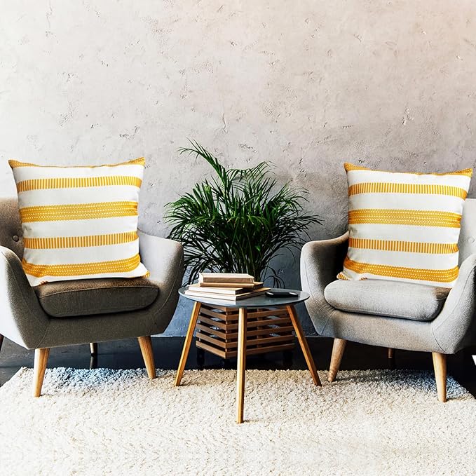 Decorative Throw Pillow Covers Set of 2 Chrome Yellow Boho Striped Pillow Covers 18x18 Inch Throw Pillow Cover Linen Pillowcase Farmhouse Outdoor Pillow Covers for Couch Sofa Living Room