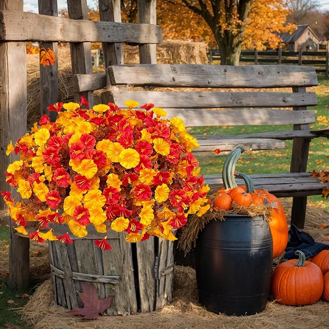 Artificial Fall Flowers for Outdoor, Fake Petunias Plants, Faux Flower, Fake Mums, 4PCS Fall Outdoor Decoration, UV Resistant, Silk Morning Glorias, for Home Garden Porch Planter (Golden Autumn)