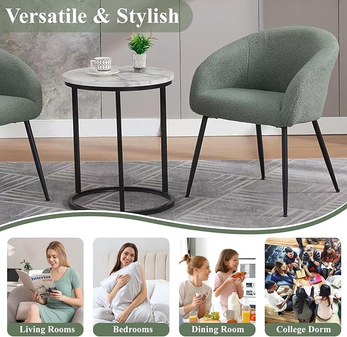 Modern Small Accent Chair Set of 2, Comfy Sherpa Makeup Vanity Chair with Metal Legs, Decorative Chair no Wheels for Living Room, Dressing Room, Bedroom, Green