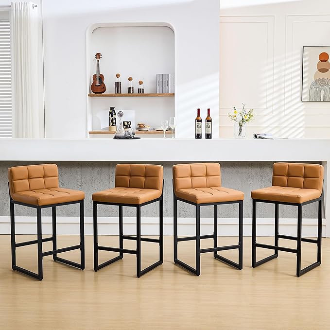 Bar Height Stools Set of 4, PU Leather Barstools Modern Counter Stools with Back and Thickened Metal Legs, Bar Chairs for Kitchen Island (Caramel Brown, 4Pcs 26" Bar Stools)