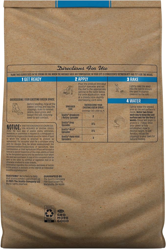 O.M. Scott and Sons Clover Seed, Lawn Seed Grows a Naturally Low Maintenance, Drought-Tolerant Lawn, 1,000 sq. ft., 2 lb.