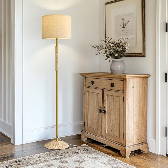 Oneach 63” Modern Floor Lamp for Living Room, Gold Boho Standing Lamp with Unique Rope Design, Rotary Switch, Farmhouse Tall Lamps for Bedroom Office Dining Room (Without Bulb)