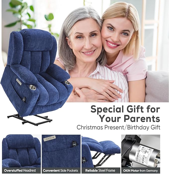 Power Lift Recliner Chair, 350lb Capacity with 8-Point Massage & Heating, USB/Type-C Ports & Cup Holders, Heavy Duty Chenille Recliner for Elderly, Blue