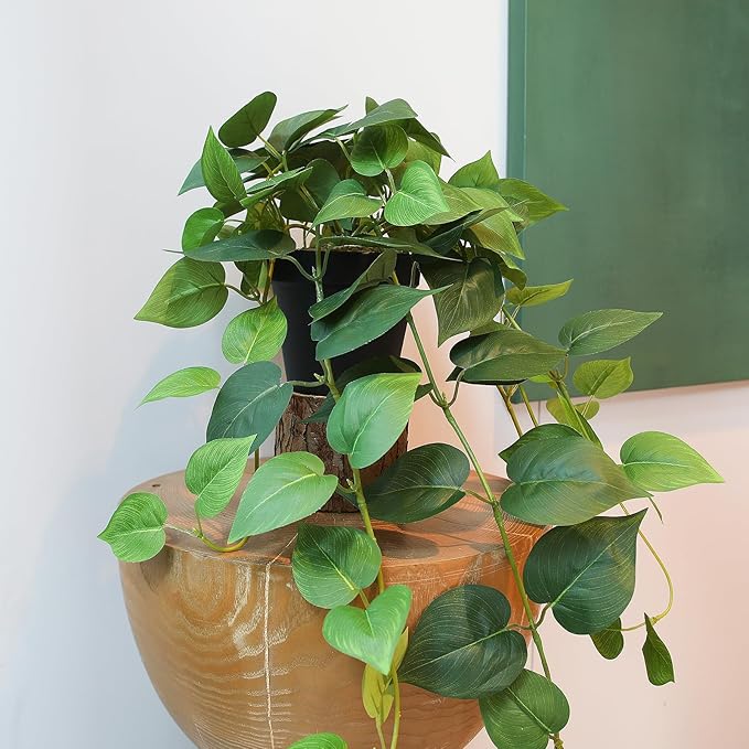 Fake Pothos Hanging Plants – Set of 2 Faux Ivy Vines with Pots, Realistic Silk Devil’s Ivy for Indoor Décor, Low Maintenance Artificial Greenery for Home or Office (Green)