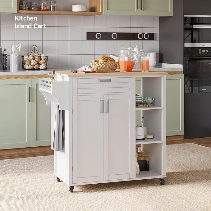 YITAHOME 37" Rolling Kitchen Island Cart with Storage, Butcher Block Island on Wheels, Mobile Kitchen Storage Carts with Shelves & Spice Rack, White