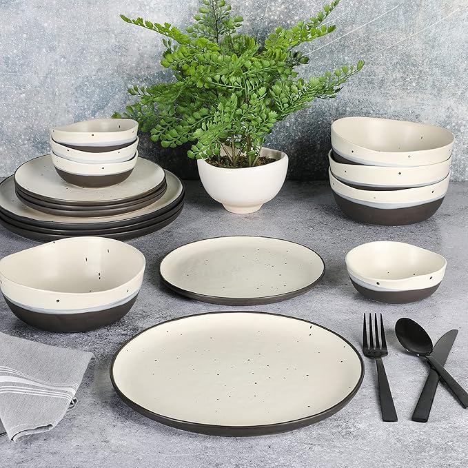 Gibson Elite Rhinebeck 16-Piece Double Bowl Dinnerware Set, Service for 4 – White and Black Stoneware Plates and Bowls