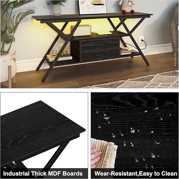 TV Stand with Power Outlet and LED Lights, Fits TVs up to 65”, 2 Fabric Drawers Entertainment Center with Open Storage Shelves, Media Console for Living Room, Bedroom (Charcoal Black)