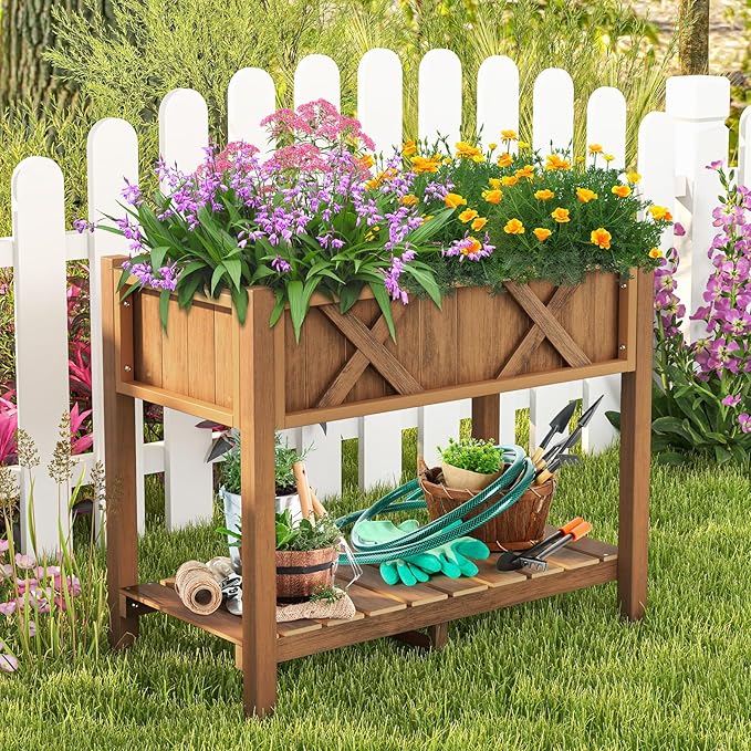 Giantex HIPS Raised Garden Bed, Elevated Planter Box w/Legs, Storage Shelf, Drainage Holes, Weather-Proof Standing Raised Beds for Backyard Porch Flower Vegetable (Coffee, 34" x 18" x 29")