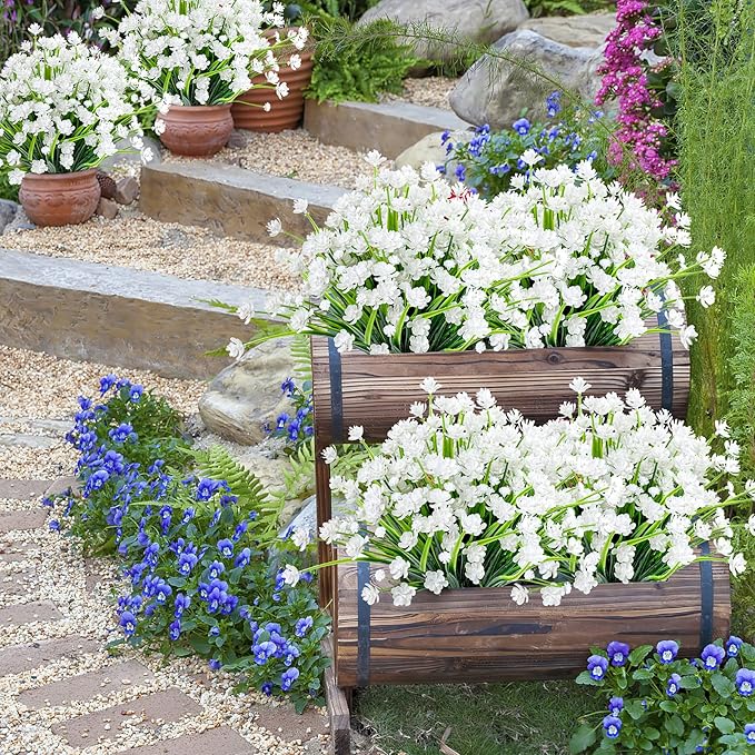 AmyHomie 20 Bundles Artificial Flowers for Outdoor Outside Spring Summer Decoration UV Resistant Faux Flowers No Fade Fake Plastic Plants Garden Porch Window Box Decorating (Pure White)