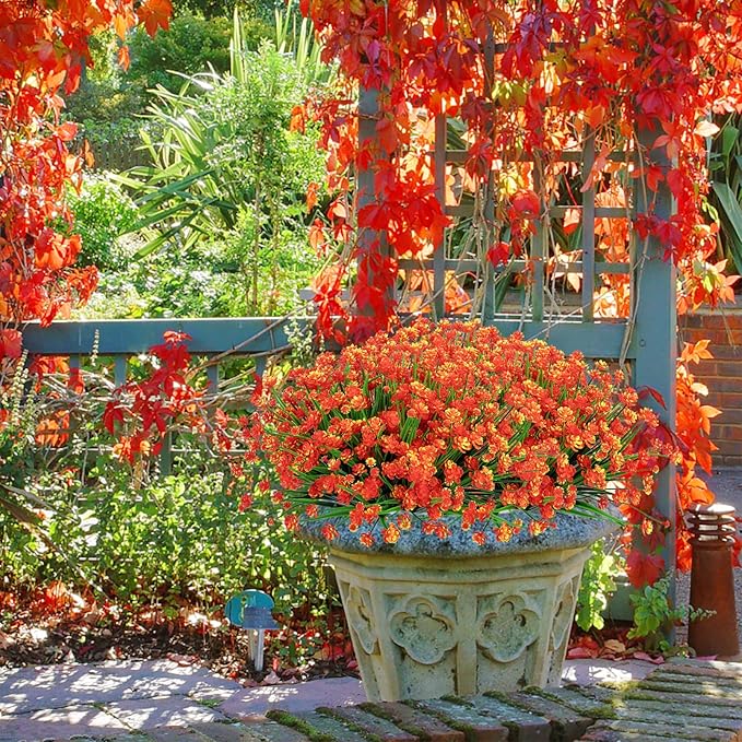 Ouddy Decor 24 Bundles Artificial Fall Flowers for Outdoors Decoration UV Resistant Fake Mums Faux Plastic Plants for Indoor Outdoor Home Garden Porch Autumn Harvest Decor, Orange