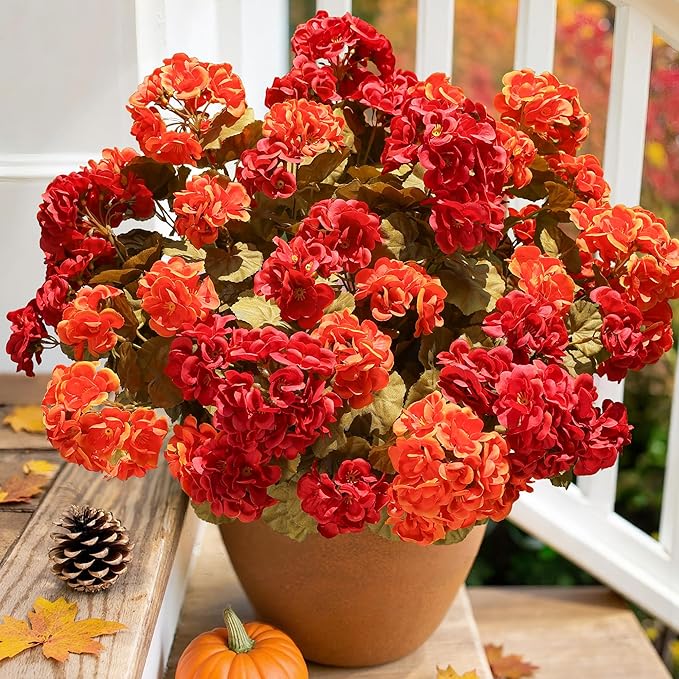 Fake Geraniums Artificial Flowers for Outdoors Fall Autumn Decoration, 6 Bundles Silk Geraniums Look Real Faux Fall Flowers Plants for Front Door Garden Planter Patio Balcony Yard Home Indoor, Mix