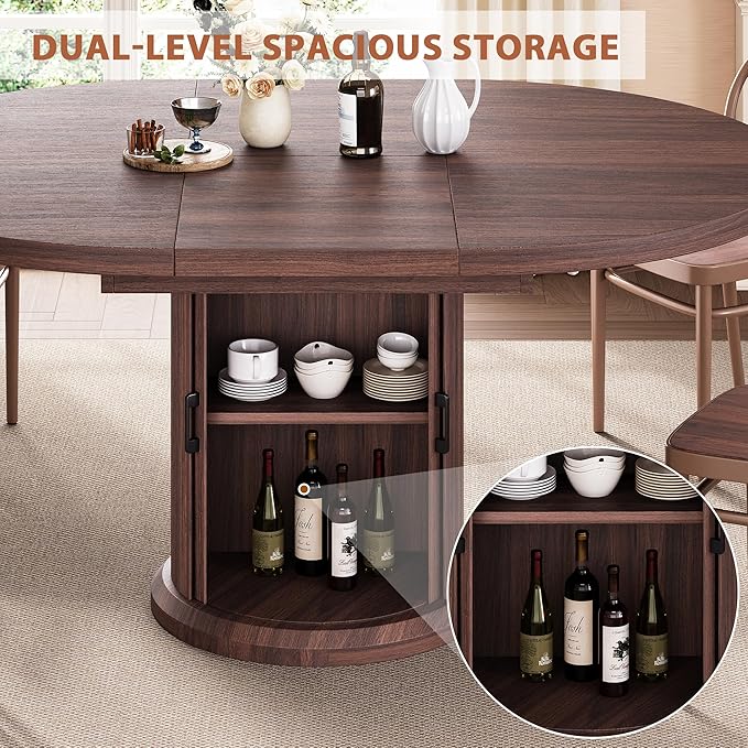 Extendable Round Kitchen Dining Room Table for 4-6 with 2-Tier Storage Shelf, 63'' Space Saving Expandable Wood Oval Circle Dinner Furniture with Pedestal Base (Brown)