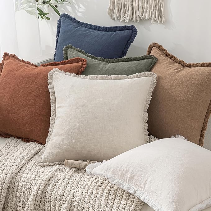MIULEE Decorative Throw Pillow Covers Neutral Linen Fringe Throw Pillows Euro Shams Set of 2 Light Olive Green Boho Farmhouse Cushions for Couch Sofa Bed Living Room Spring Home Decor 22x22 Inch