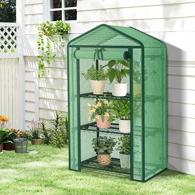 3-Tier Greenhouse for Indoor and Outdoor Use, 4ft Tall Portable Mini Green House with Shelves, Zipper Door & PE Cover, for Seed Starting, Plants, Herbs, Balcony, Patio Gardening