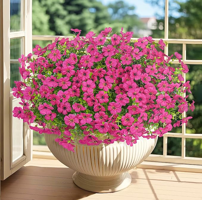 20 Bundles Artificial Flowers for Outdoors Decoration Fake Silk Flowers UV Resistant Faux Plants Artificial Daisy Eucalyptus for Spring Summer Garden Yard Porch Window Home Decor, Fuchsia