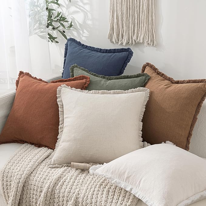 MIULEE Decorative Throw Pillow Covers Neutral Linen Fringe Throw Pillows Set of 2 Brown Boho Farmhouse Cushion Covers with Tassels for Couch Sofa Bed Living Room Spring Home Decor 20x20 Inch