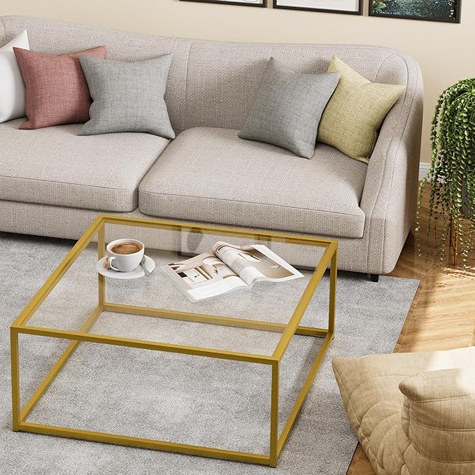 Glass Coffee Table, Small Square Coffee Table for Living Room,Simple Modern Center Tables for Small Spaces, Gold Living Room Tea Tables Easy Assembly,26 * 26in(Gold & Clear Glass)