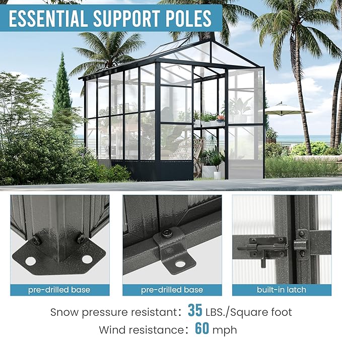 Domi 8x10FT Polycarbonate Greenhouse with Automatic Vent, Extra Tall 8FT Walk-in Aluminum Frame, Weather-Resistant Green House with Shelves & Hooks for Outdoor Garden, Backyard, Dark Grey
