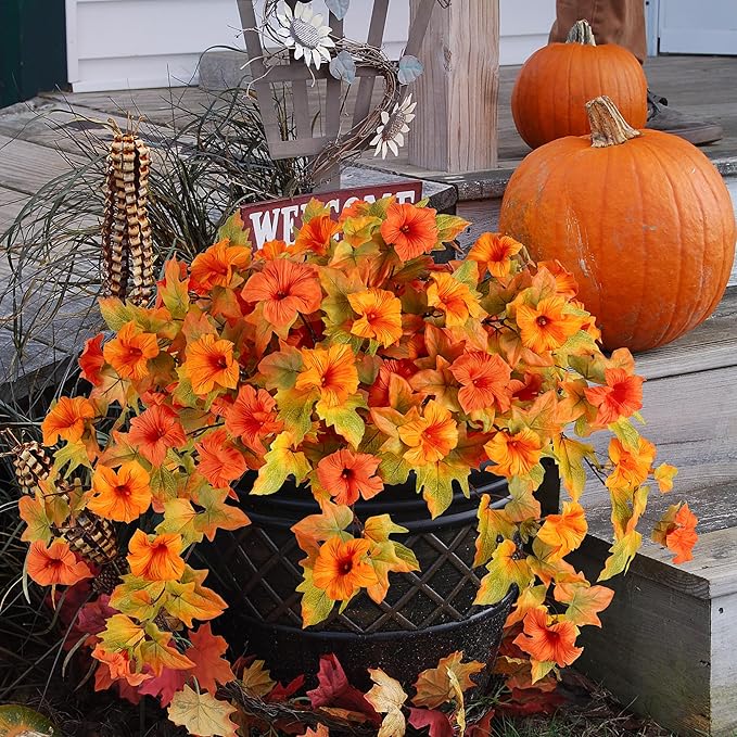 Fall Flowers Artificial for Decoration Fake Petunias Plants for Outdoor, 2PCS Autumn Silk Faux Flower UV Resistant No Fade Planter Floral for Garden Balcony Yard Porch Realistic Indoor Decor (Orange)