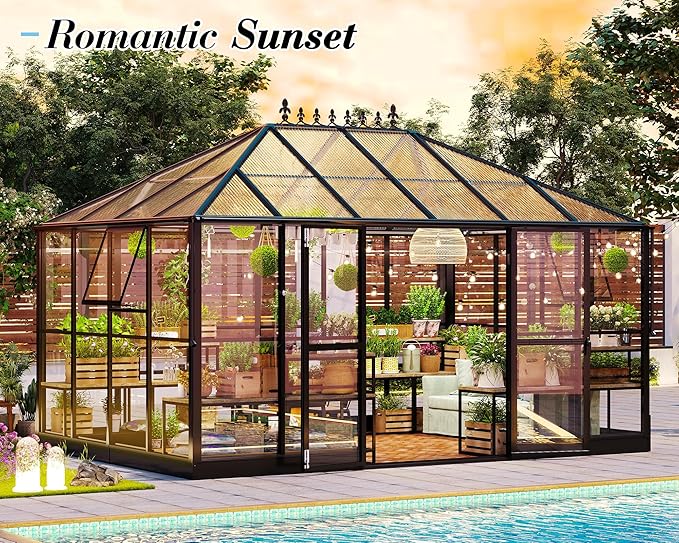 Jocisland 14x9.5x9 FT Polycarbonate Greenhouse with Clear Panels- 6 FT Wall Height Outdoor Aluminum Greenhouses with 2 Vents, Double Doors with Hook, Walk-in Greenhouse for Backyard Garden