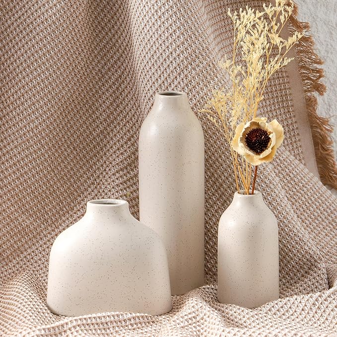 Ceramic Vase Set of 3, White Flower Vase Home Decor,Modern Farmhouse Decor,Pampas Grass Dried Fresh Flowers Living Room,Bookshelf Decoration, Centerpiece Table Decor,Boho Decor.(White)