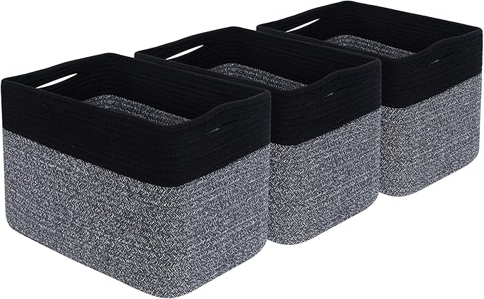 MINTWOOD Design 3-Pack Storage Baskets for Shelves, Playroom and Classroom Storage Basket, Book Basket, Decorative Storage Cube Bins, Woven Closet Organizers, Pantry and Shoe Organizer, Black Grey Mix