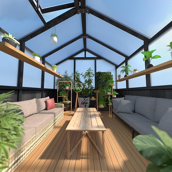 MUPATER 6' x 12' Walk-in Wooden Polycarbonate Greenhouse with Ventilated Window & Lockable Door, Multi-Layer PC Panels for UV Protection, Greenhouse Kit for Outdoor, Garden and Backyard, Black