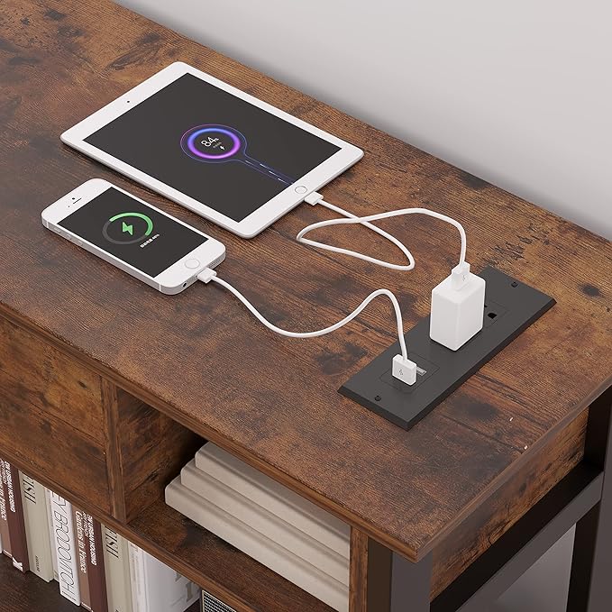 Mexin 47 Inch Console Table with 2 Outlet and 2 USB Ports, Entryway Table with Drawer and Storage Shelves, Narrow Sofa Table for Living Room and Hallway, Vintage Brown