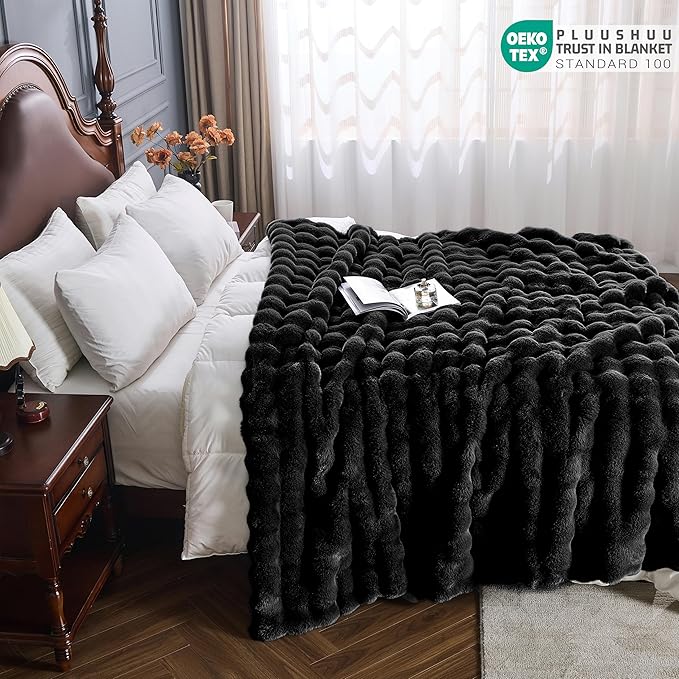 Faux Fur Throw Blanket for Couch, Fluffy Fuzzy Plush Bubble Blanket, Soft Warm Cozy Shaggy Rabbit Blanket, Luxury Decorative Gifts for Sofa Bedroom Living Room, 60x50inch (Black)