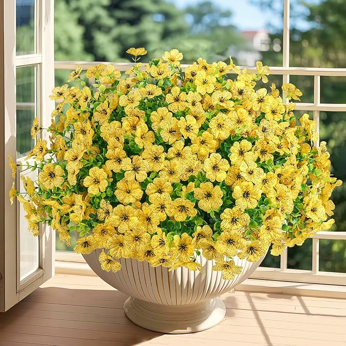 20 Bundles Artificial Flowers for Outdoors Decoration Fake Silk Flowers UV Resistant Faux Plants Artificial Daisy Eucalyptus for Spring Summer Garden Yard Porch Window Home Decor, Yellow