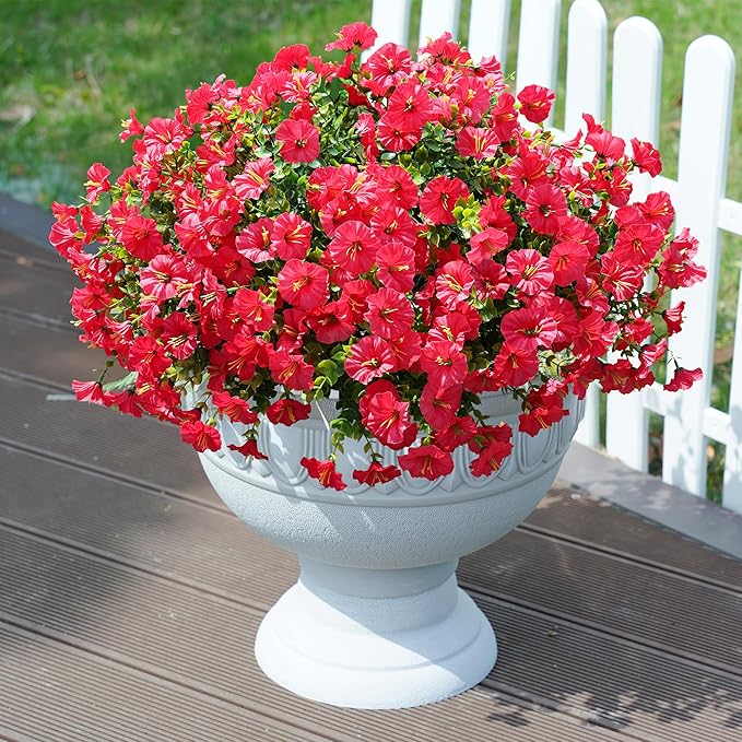 Fake Plants Artificial Flowers for Outdoor Outside Summer Decoration, 12 Bundles Faux Flowers Silk Hot Pink Morning Glory with Eucalyptus Look Real UV Resistant for Planter Front Door Porch Yard Patio