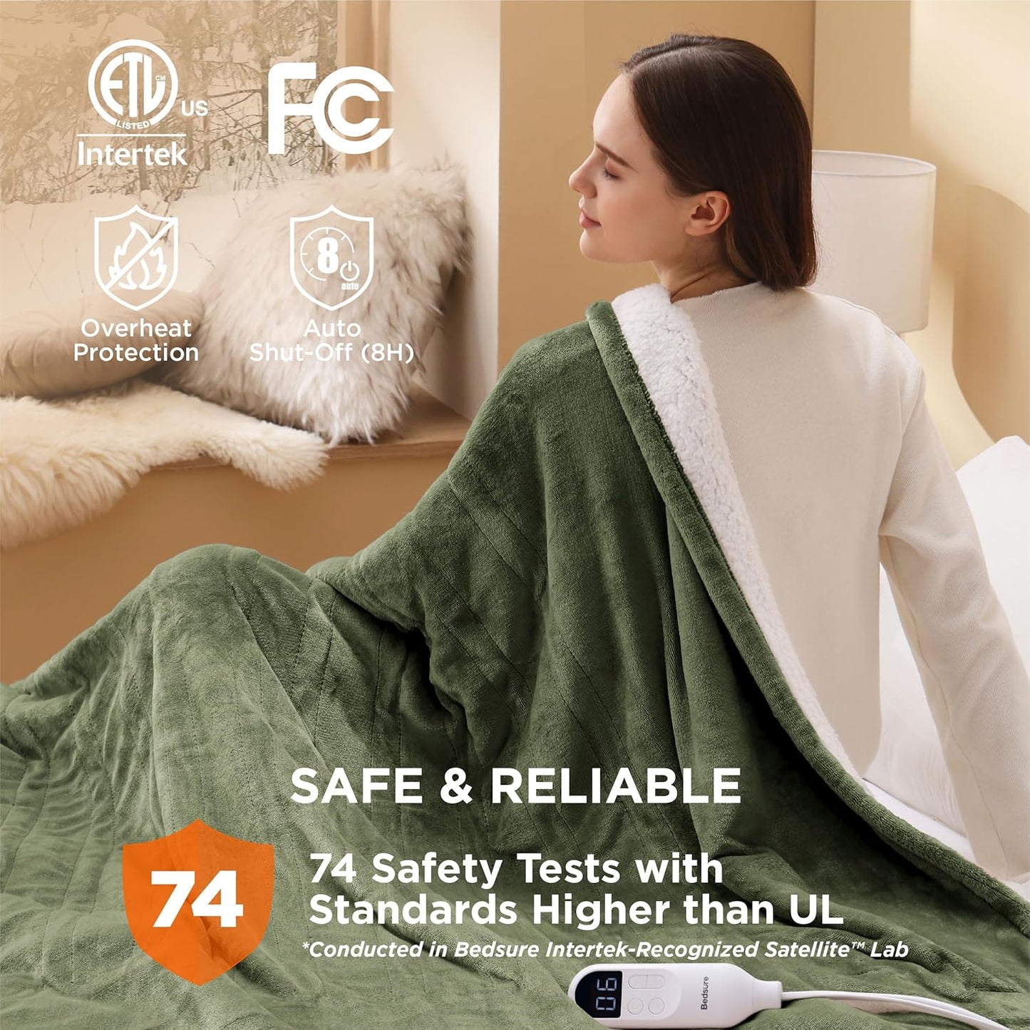 Bedsure Electric Blanket Twin - Soft Flannel Heated Blanket, Fast Heating with 10 Time Settings & 6 Heat Settings, Warm Gift for Grandma (62x84 inches, Olive Green)