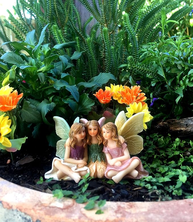 PRETMANNS Fairies for Fairy Garden - Accessories for an Outdoor or Indoor Miniature Garden – Adorable Hand-Painted Resin Figurines – 3 Sitting Sisters 1 Piece